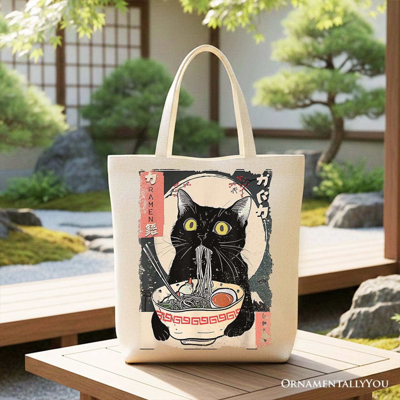 Kawaii Anime Cat Eating Ramen Canvas Tote Bag, Noodle Japanese Art Style Gift Bag